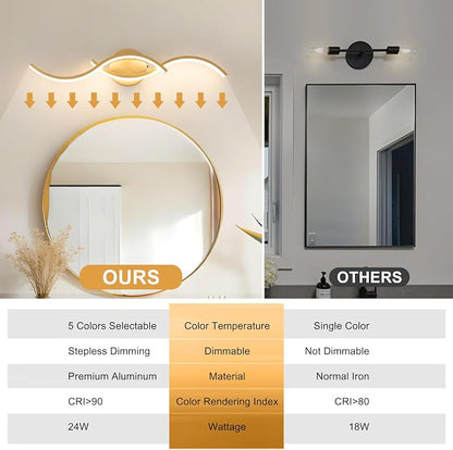 Gold Curved 5CCT Bathroom Vanity Light Fixture Over Mirror, 23.62 inch Modern LED Wall Lamp Dimmable Bathroom Light Fixture Modern Wall Sconces