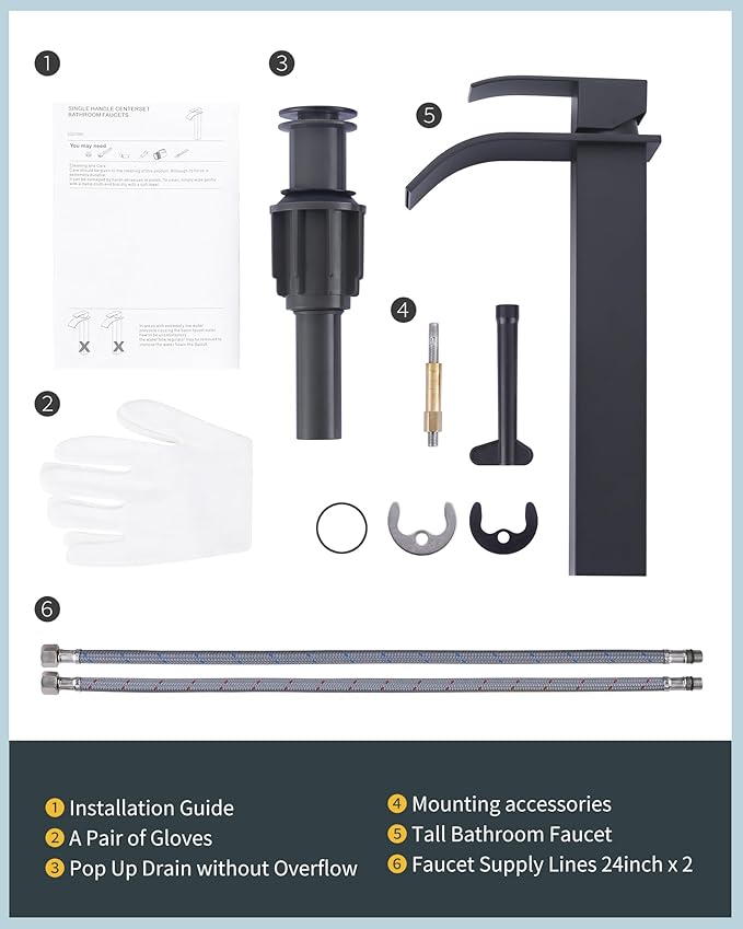 Vessel Sink Faucet Matte Black: ARCORA Single Hole Tall Bathroom Faucet, Single Handle Tall Waterfall Bathroom Faucet with Pop Up Drain and cUPC Supply Lines
