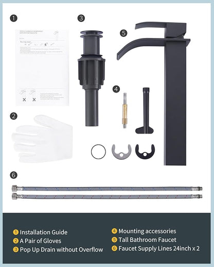 Vessel Sink Faucet Matte Black: ARCORA Single Hole Tall Bathroom Faucet, Single Handle Tall Waterfall Bathroom Faucet with Pop Up Drain and cUPC Supply Lines