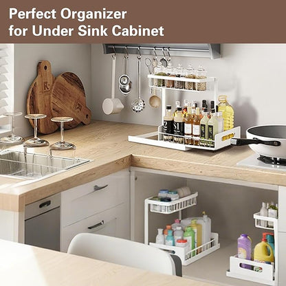 VUSIGN 2 Tier Under Sink Organizer, Slide Out Pull Out Cabinet Organizer, Cabinet Kitchen Bathroom Storage Organization Shelf, 2 Pack, White