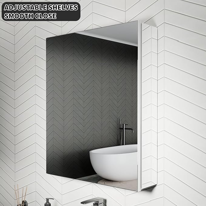 20x24 Inch Recessed Medicine Cabinet with Mirror, Aluminum Medicine Cabinet Mirror, Recessed or Surface Mount with 2 Adjustable Shelves Storage Organizer, Pre-Assembled Door, Soft-Closed System