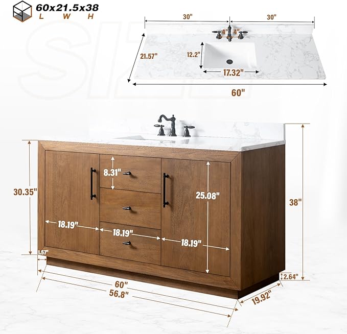 HOMEBEYOND 60" Bathroom Vanity with Single Sink & Ceramic Top, MDF Material Vanity Cabinet with Basin Combo, Soft-Closing Doors, Removable Shelf, Backsplash, Tan