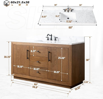 HOMEBEYOND 60" Bathroom Vanity with Single Sink & Ceramic Top, MDF Material Vanity Cabinet with Basin Combo, Soft-Closing Doors, Removable Shelf, Backsplash, Tan