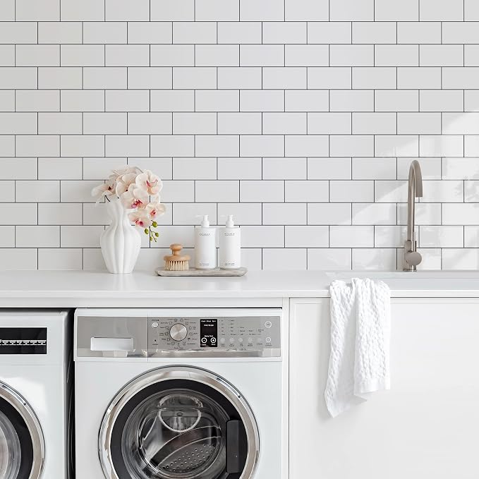 Vamos Tile 100-Piece Glossy Pure White Peel and Stick Backsplash Tile,3''x6'' PVC Subway Tile with Dark Gray Grout,Stick on Backsplash for Kitchen/Bathroom/Fireplace