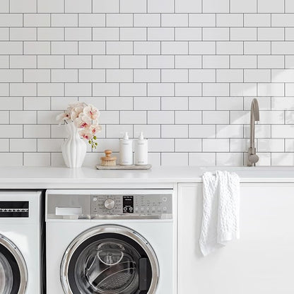 Vamos Tile 100-Piece Glossy Pure White Peel and Stick Backsplash Tile,3''x6'' PVC Subway Tile with Dark Gray Grout,Stick on Backsplash for Kitchen/Bathroom/Fireplace