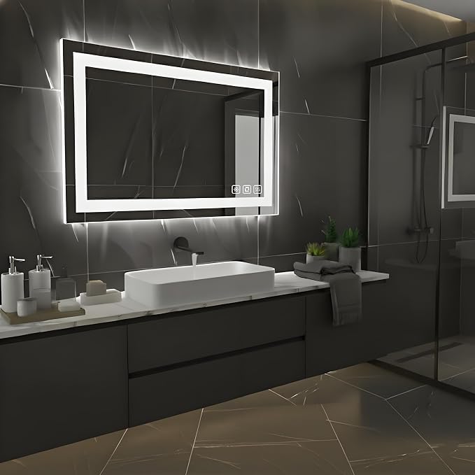 36x28inches Rectangle LED Mirror, Smart Bathroom Mirror with Lights, Anti-Fog, Tempered Glass, 3 Colors Dimmable, Front and Backlit, CRI 90+, Wall Mounted, Memory