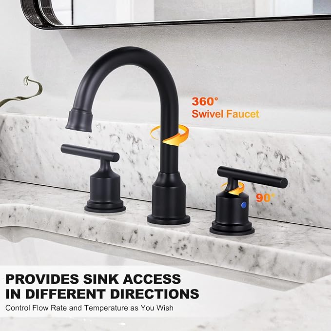 WOWOW 2 Handle Bathroom Faucet Matte Black Bathroom Sink Faucet Widespread Faucet with Pop Up Drain Brass Bathroom Faucet 3 Hole Vanity Faucet 8 Inch Basin Faucet