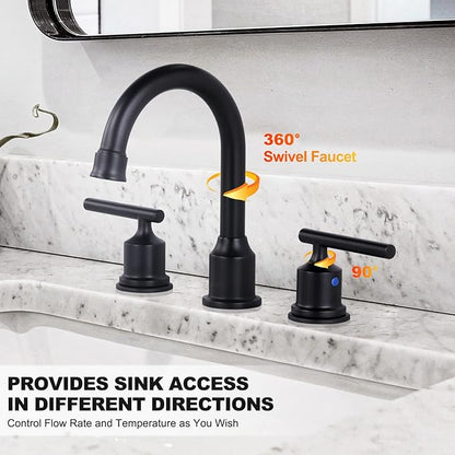WOWOW 2 Handle Bathroom Faucet Matte Black Bathroom Sink Faucet Widespread Faucet with Pop Up Drain Brass Bathroom Faucet 3 Hole Vanity Faucet 8 Inch Basin Faucet