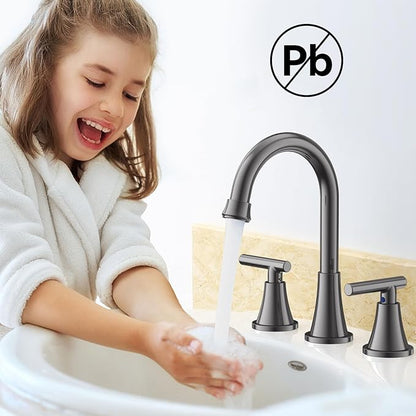Bathroom Faucets for Sink 3 Hole, Hurran 8 inch Widespread Brushed Grey Bathroom Sink Faucet with Pop-up Drain and Supply Hose, Stainless Steel Lead-Free Faucet for Vessel Sink Vanity RV