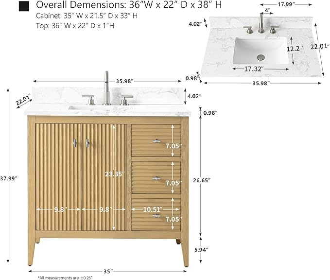 HOMEBEYOND 36" Bathroom Vanity with Sink, Solid Wood Bathroom Vanity Free-Standing Cabinet, Drawers, Ceramic Top & Soft Closing Door, Golden Brushed Handware, Natural Oak