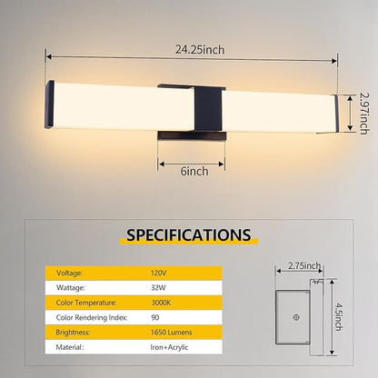 Kalium 24in Modern Wall Sconces, Dimmable Bathroom Vanity Lights, 3000K Warm White LED Indoor Sconces Lighting for Bathroom, Stairs, Living Room, Bedroom. Hardwired.