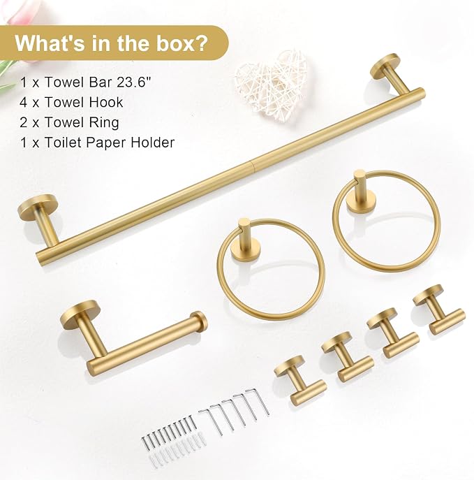 TQKAG 8-Pieces Bathroom Hardware Set, Brushed Gold Towel Bar Set 23.6 Inch | Towel Racks for Bathroom Wall, SUS304 Stainless Steel, Gold Bathroom Accessories with Paper Holders, Towel Rings, Towel Hooks