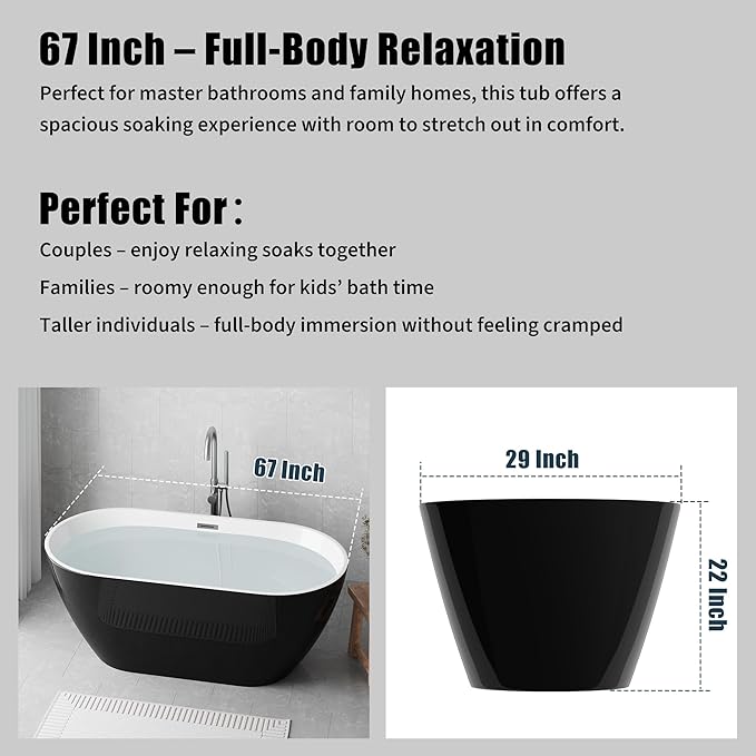 Black freestanding bathtub with dimensions and text about its size and suitability for different users.
