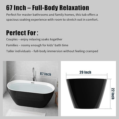 Black freestanding bathtub with dimensions and text about its size and suitability for different users.