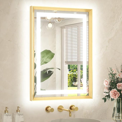 22 x 30 Bathroom LED Mirror Brushed Gold Metal Frame Frontlit & Backlit Vanity Mirror Anti-Fog Stepless Dimmable 3 Colors White/Warm/Natural Mirror with Lights Wall-Mounted