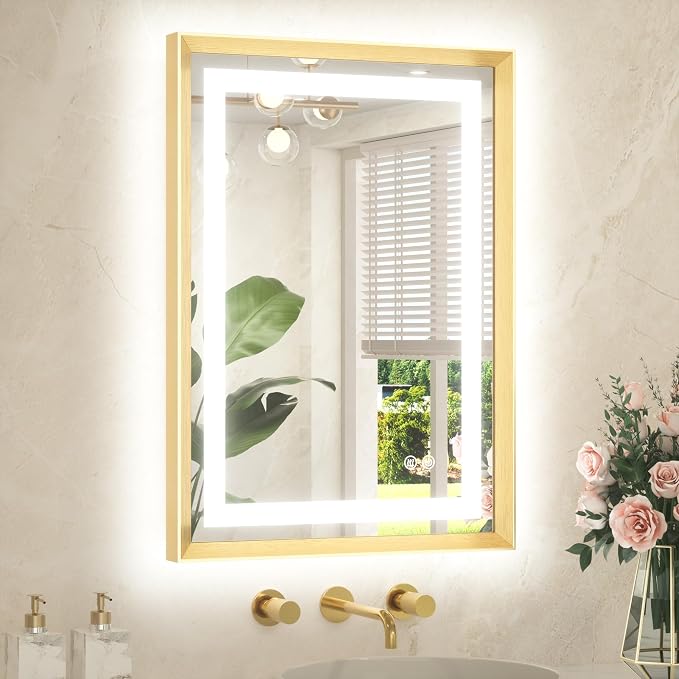 20 x 28 Bathroom LED Mirror Brushed Gold Metal Frame Frontlit & Backlit Vanity Mirror Anti-Fog Stepless Dimmable 3 Colors White/Warm/Natural Mirror with Lights Wall-Mounted