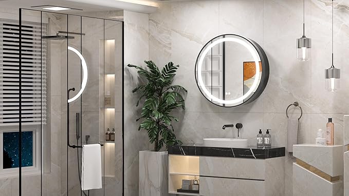 Keonjinn 26 Inch Round Medicine Cabinet with Lights, Black LED Bathroom Medicine Cabinet Mirror, Circle, Electrical Outlet, 3 Color Lights, Anti-Fog, Dimmable, Surface Mount Only