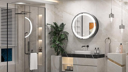 Keonjinn 26 Inch Round Medicine Cabinet with Lights, Black LED Bathroom Medicine Cabinet Mirror, Circle, Electrical Outlet, 3 Color Lights, Anti-Fog, Dimmable, Surface Mount Only