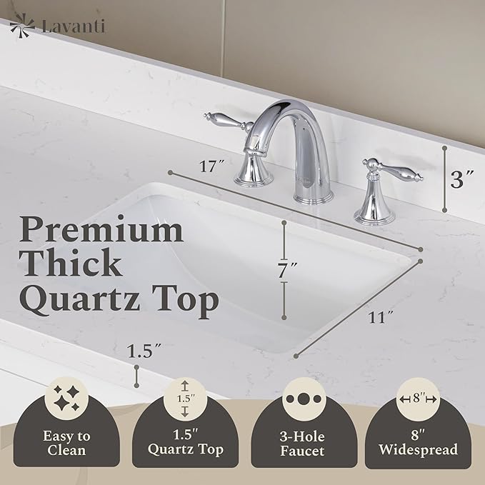 Lavanti Oakford 60 Inch Bathroom Vanity with Sink – Stylish White Vanity Bathroom with Storage Cabinet – Modern Bathroom Vanities with Single Vanity Sink & Quartz Countertop