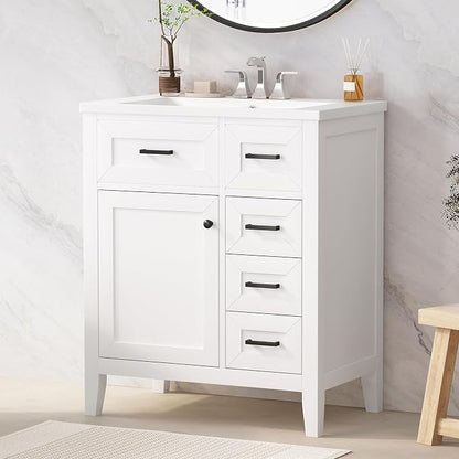 30 Inch Bathroom Vanities with Undermount Ceramic Sink, Storage Cabinet with Soft Closing Doors, Three Drawers and Organizer Rack Shelf, Solid Wood Frame, White