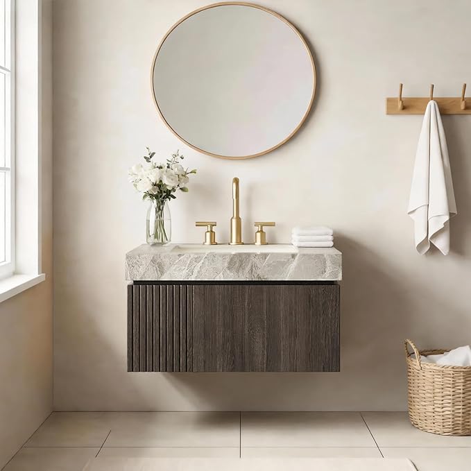 Ambrovina 30" Floating Bathroom Vanity with Sink, Modern Plywood Storage Cabinet with Drawer and Door, Gray Sintered Stone Countertop and 3 Pre-drilled Faucet Holes Ceramic Basin, Espresso Woodgrain