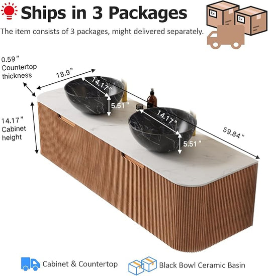 60" Floating Bathroom Vanity with Double Sink, Bathroom Vanities with Vessel Bowl Shape Marble Basin and Countertop, 2 Large Soft-Closing Storage Drawers, Pre-Assembled Cabinet, Nature Wood