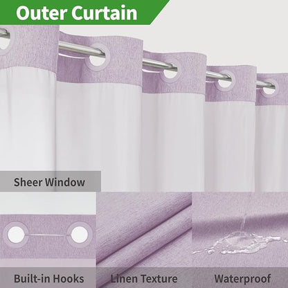 eachope No Hook Fabric Shower Curtain with Snap-in Liner,71x86 Lavender | Extra Long,Linen Texture,230GSM Thick Fabric,Mesh Window,Bottom Magnetic,Waterproof & Machine Washable,for Bathroom,Hotel Use