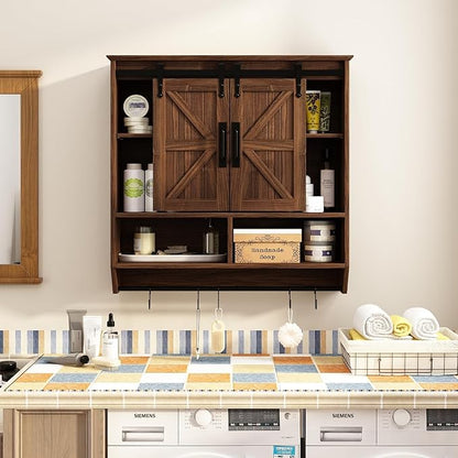 RUSTOWN Farmhouse Bathroom Wall Cabinet,3-Tier Rustic Wood Wall Mounted Cabinets,Vintage Medicine Cabinet with Sliding Barn Door and Adjustable Shelves,Over The Toilet Storage Cabinet (Dark Walnut)