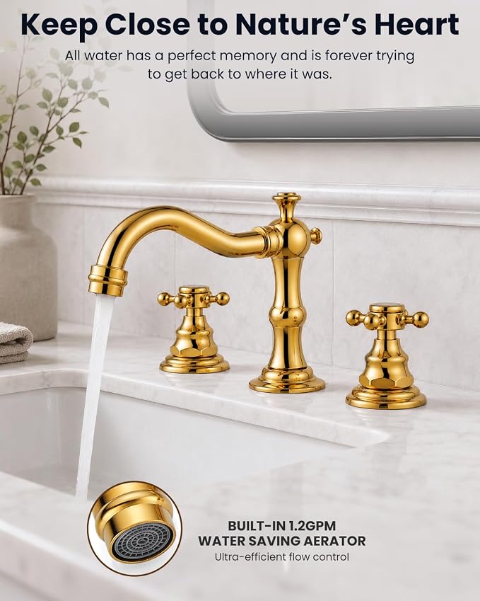 gotonovo 3 Hole 8’’ Widespread Bathroom Sink Faucet Polished Gold | Vintage Bathroom Faucet,2 Cross Handle,6-16’’ Sink,Vanity,Basin,RV,Farmhouse,SUS304,24’’ cUPC Hose Pop Up Drain,Deck Mount