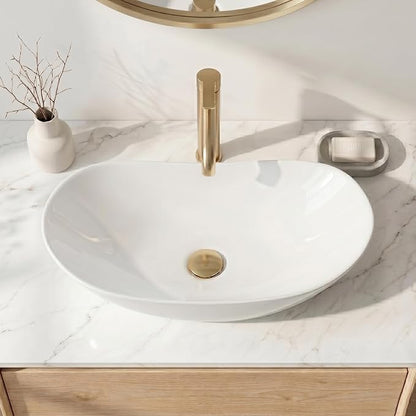 KES 20" x 13" Oval Vessel Sink for Bathroom Vanity Countertop, Glossy White Ceramic Bathroom Sink Bowl Above Counter, Boat Shape, Modern Look, Crafted to Endure, BVS139