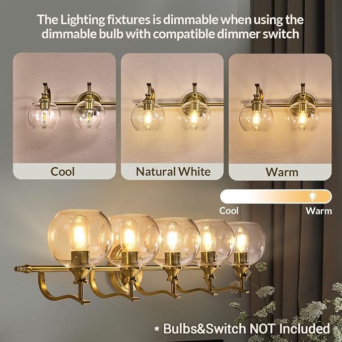 Brushed Gold Bathroom Light Fixtures, 5-Light Vanity Lights for Mirror, 35 Inch Modern Wall Sconces Lighting with Globe Clear Shade Up or Down Wall Mounted for Bedroom, Living Room, Hallway