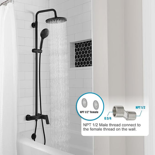 gotonovo Matte Black Exposed Shower Faucet Set with Tub Spout,Single Handle | 8” Rainfall Shower Head Kit System Fixtures,8 Mode Handheld Spray,3 Function,Adjustable Height,for 5-6.7" Hole,Outdoor/Indoor