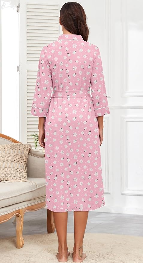 PrinStory Robes for Women 3/4 Sleeve Long Bath Robe XS-4XL | V-Neck Knit Bathrobe with Pockets, Lightweight, Soft, Breathable Robes for Shower, Spa, Travel, Home, Party, Nursing