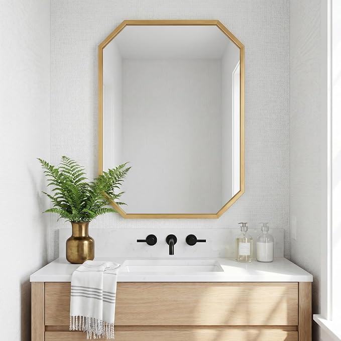 24x36 Inch Octagon Mirror for Bathroom Gold Wall Mirror Rectangle Mirror | Gold Bathroom Mirror Metal Frame Wall Mirror Decorative Rustic Accent Vanity Mirror Hanging for Over Sink Entryway