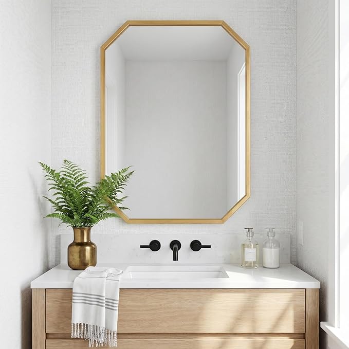 20x28 Inch Octagon Mirror for Bathroom Gold Wall Mirror Rectangle Mirror | Gold Bathroom Mirror Metal Frame Wall Mirror Decorative Rustic Accent Vanity Mirror Hanging for Over Sink Entryway