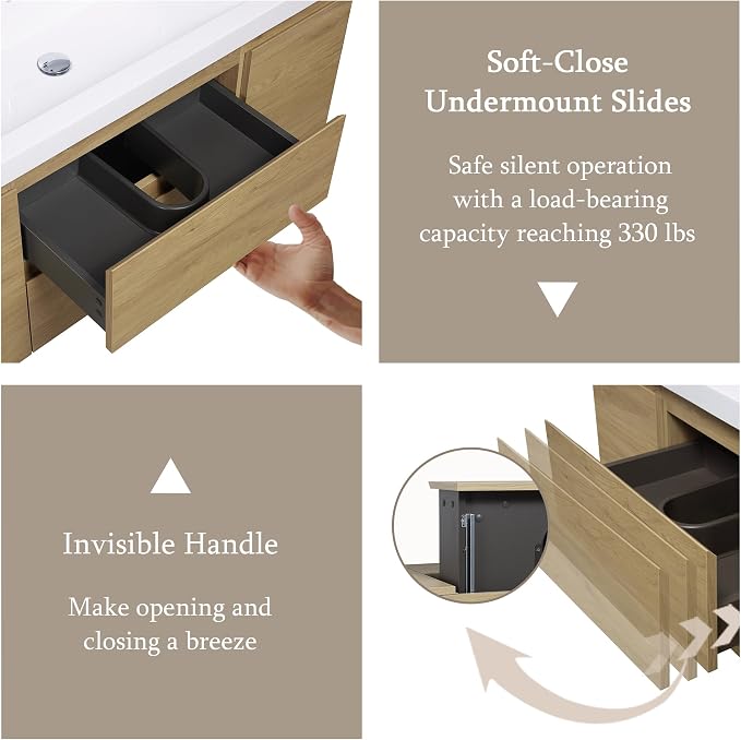 KEIKI 48'' Wall-Mounted Bathroom Vanity with Sink - Floating Design, 2 Soft-Close Drawers & Doors & Resin Basin, Space-Saving for Small Bathrooms, Natural Oak