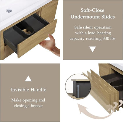 KEIKI 48'' Wall-Mounted Bathroom Vanity with Sink - Floating Design, 2 Soft-Close Drawers & Doors & Resin Basin, Space-Saving for Small Bathrooms, Natural Oak
