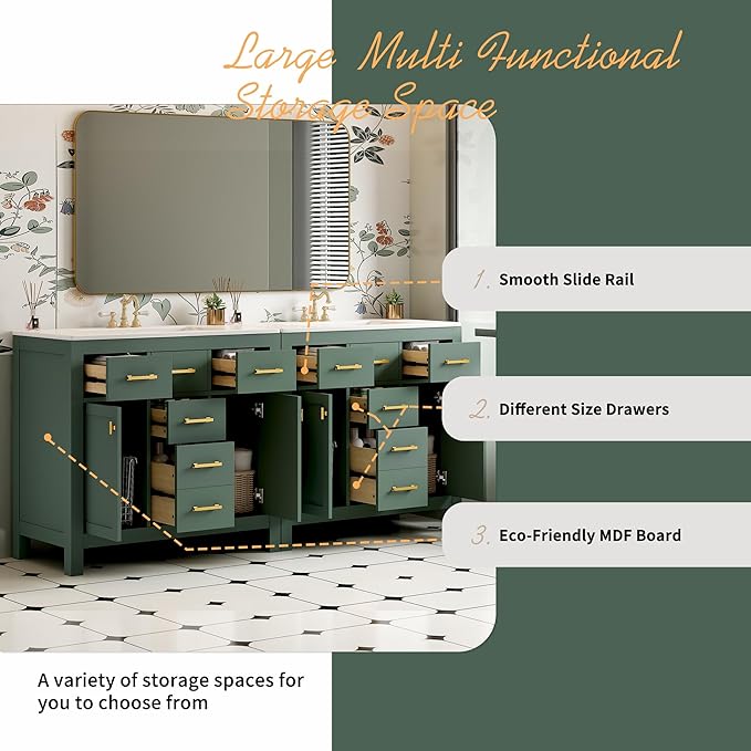 72 Inch Green Bathroom Vanity with Double Sink,Modern Double Sink Vanity with 8 Drawers & 4 Cabinets,Soft Closing Doors with Gold Handles,Solid Wood Frame,Grid Front(2 * 36 Inch)