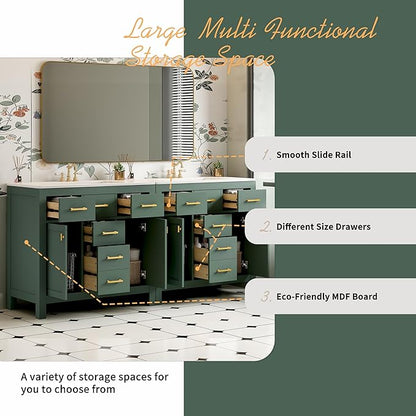 72 Inch Green Bathroom Vanity with Double Sink,Modern Double Sink Vanity with 8 Drawers & 4 Cabinets,Soft Closing Doors with Gold Handles,Solid Wood Frame,Grid Front(2 * 36 Inch)