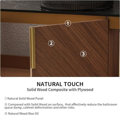 LKTART 48 Inch Bathroom Vanity with Sink, Modern Wall Mounted Bathroom Sink with 3 Doors, Black Sintered Stone Countertop and Black Round Glass Basin, Brown