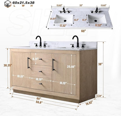 HOMEBEYOND 60 Inch Bathroom Vanity with Double Sink & Ceramic Top, MDF Material Vanity Cabinet with Basin Combo, Soft-Closing Doors, Removable Shelf, Backsplash