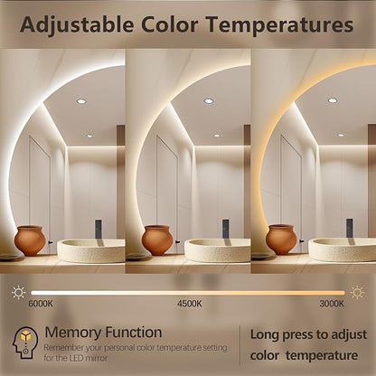 44" Half Moon LED Bathroom Mirror, Backlit Wall Mirror with Lights | Frameless Vanity Mirror with 3 Color Dimmable, Anti Fog, HD Shatter-Proof, IP65 Waterproof, Memory, CRI95+, Right/Left Cut