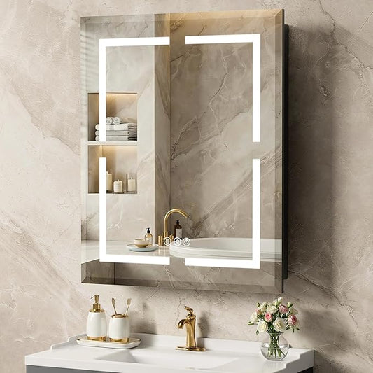 24"X30" Bathroom Medicine Cabinet with Mirror, LED Lighted Medicine Cabinet with Anti-Fog, 3 Colors Temperature Stepless Dimmable, Metal Cabinet for Storage and Mordern Decor, Black