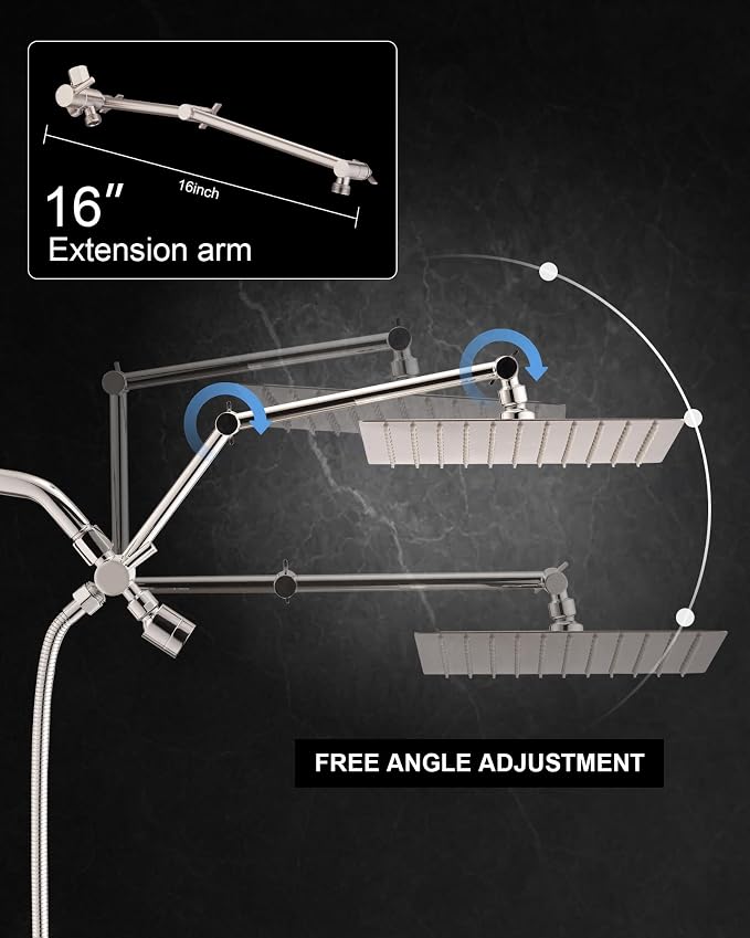 10" Rainfall Shower Head with Handheld Combo, High Pressure Dual Showerhead with Square Rain& Magnetic Hand Sprayer, 15" Adjustable Metal Extension Arm (Brushed Nickel)