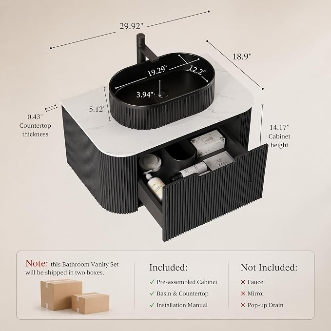30 Inch Bathroom Vanity with Sink, Floating Wall Mounted Single Sink Vanity, Black Curved Fluted Front, Stone Top, Black Textured Oval Vessel Basin, Pre-Assembled