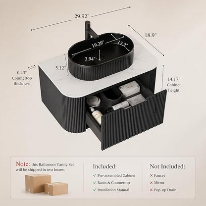 30 Inch Bathroom Vanity with Sink, Floating Wall Mounted Single Sink Vanity, Black Curved Fluted Front, Stone Top, Black Textured Oval Vessel Basin, Pre-Assembled