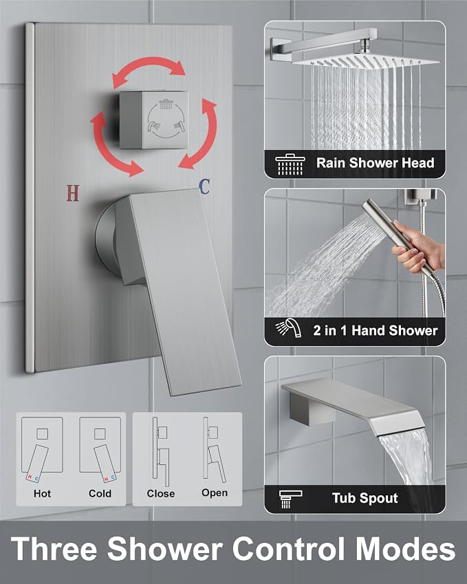 Aolemi Shower System with Tub Spout and Valve Brushed Nickel | 10-Inch Square Wall Mounted Rainfall Shower Head and Handheld,3-Function Bathtub Shower Faucet Set