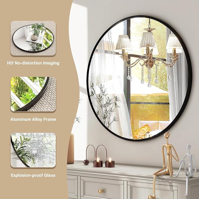 HARRITPURE Round Mirror 30 Black Wall Mounted Circle Mirrors | Vanity Mirror with Aluminum Alloy Frame, Modern Decoration for Bathroom, Living Room, Vanity, Bedroom, Entryway