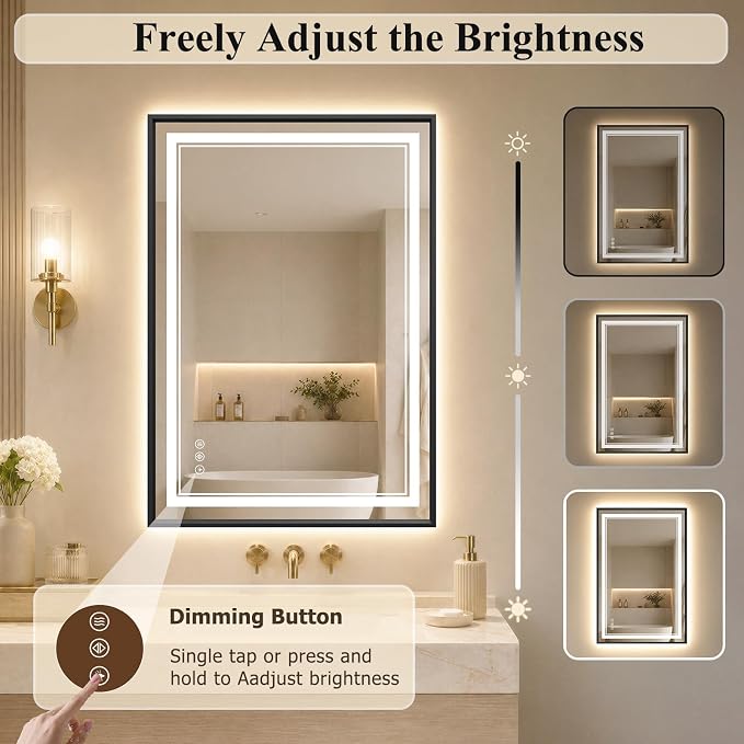 30"x40" LED Bathroom Mirror with Lights, Backlit + Front Lit, Anti-Fog | Lighted Bathroom Mirror with One-Piece Aluminum Alloy Frame, HD Shatterproof Tempered Glass, Dimmable, Memory Function