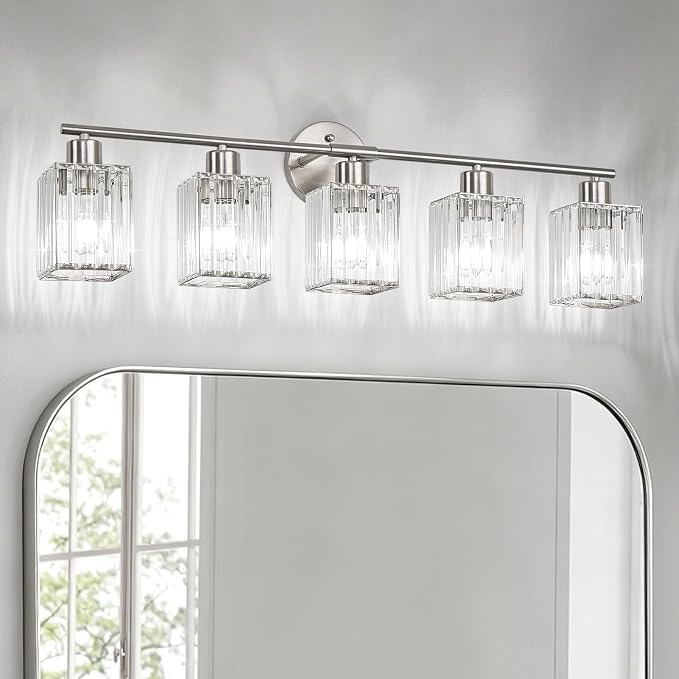 5 Light Bathroom Light Fixtures, Modern Crystal Vanity Lights over Mirror | Metal Frame, Bathroom Light with Square Crystal Shade, ETL Certified, E26 Ceramic Socket, Bulbs Not Included